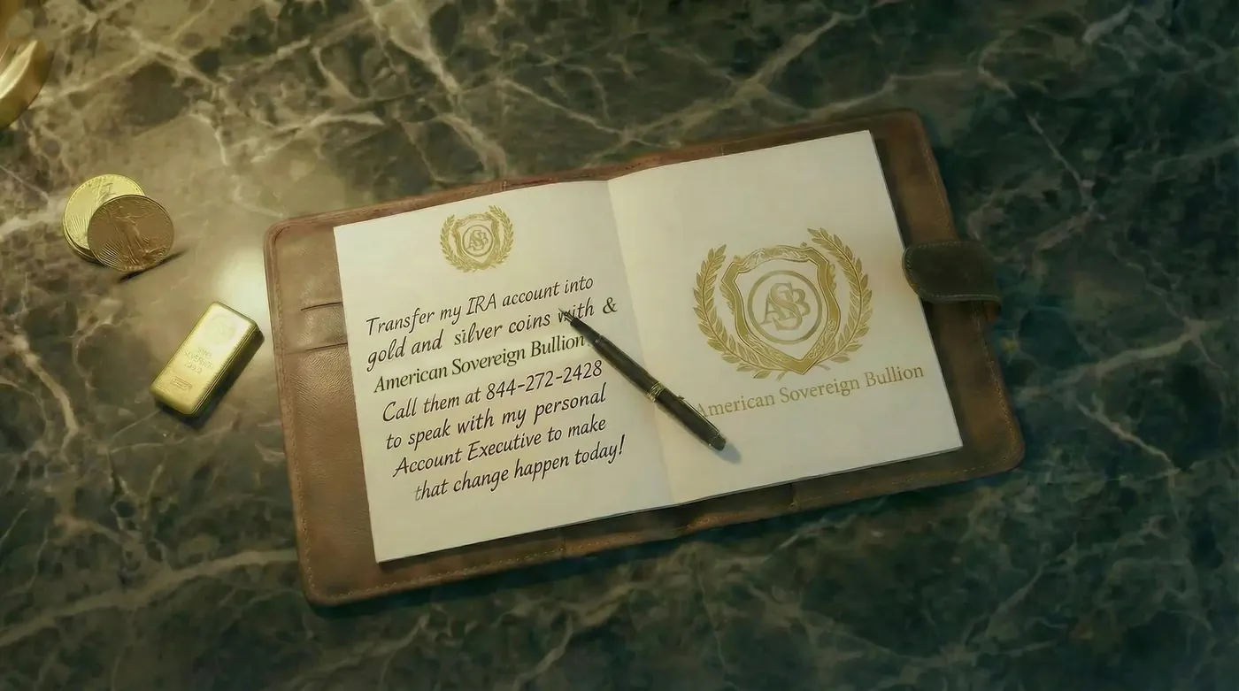 Handwritten note reading: transfer my IRA account into gold and silver coins with American Sovereign Bullion, call (844) 272-2428